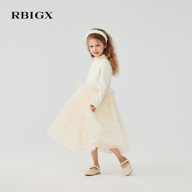 RBIGX瑞比克童装2025冬季小香风礼服珠片绣花木耳边公主连衣裙