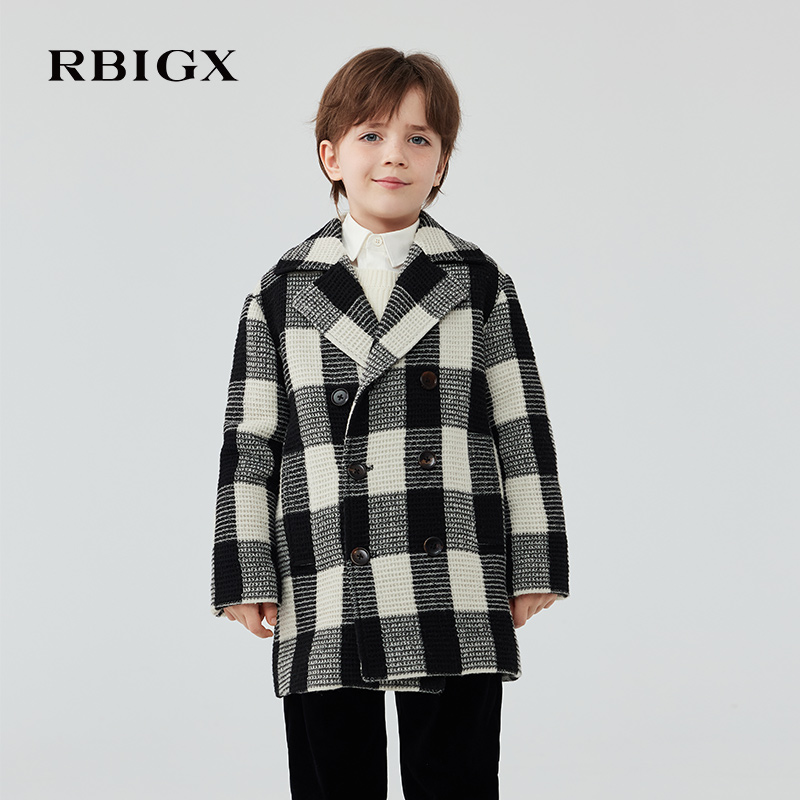 RBIGX瑞比克童装2025冬季新款羊毛混纺宽松翻领黑白格羊毛呢大衣