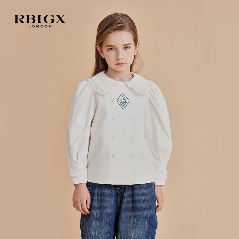 rbigx瑞比克童装秋季复古设计感小羊袖女童甜美绣花长袖衬衫