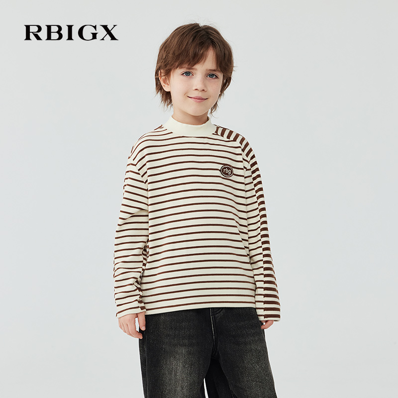 RBIGX瑞比克童装2025冬季新款立领宽松设计感潮流条纹长袖T恤