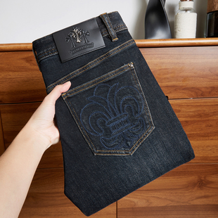 法国进口高端刺绣深蓝色牛仔裤男修身小脚冬季厚款时尚小直筒裤子