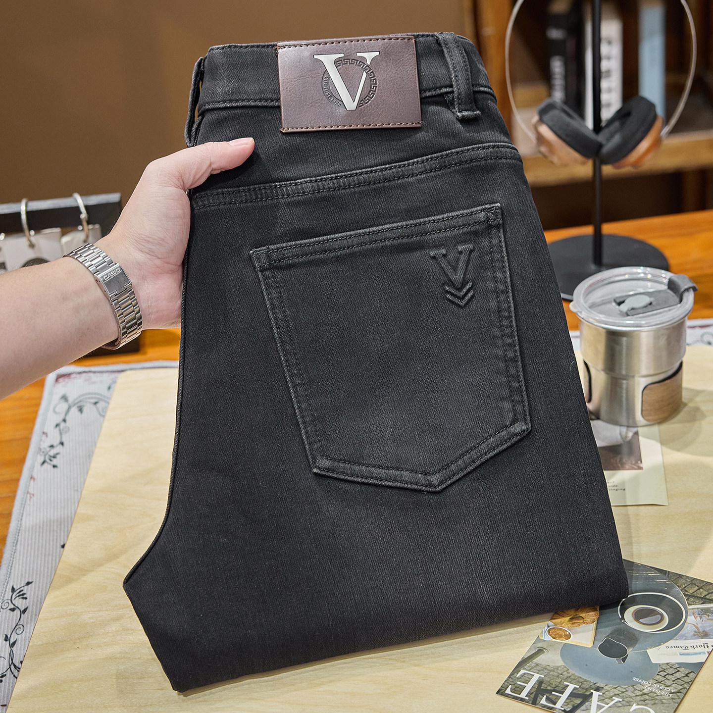 法国进口高端黑灰色牛仔裤男士修身小直筒秋冬厚款轻奢风品牌裤子