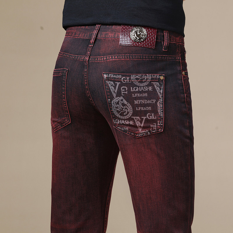 高端潮牌印花酒红色牛仔裤男士春夏季修身小脚莱赛尔薄款潮流裤子