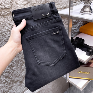 欧洲站高端奢侈品男士黑灰色牛仔裤男修身小脚秋冬款一线大牌裤子