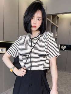 条纹连衣裙女2024夏季 短袖 假两件圆领高腰长裙 fashion 新款