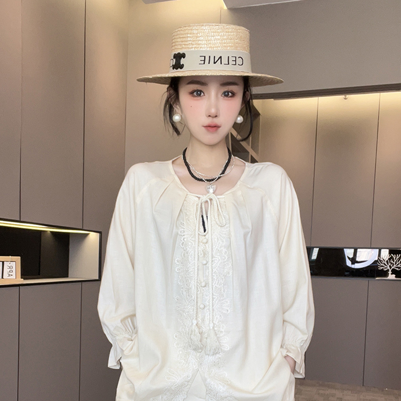 长袖圆领上衣高腰短裤纯色蕾丝花边拼接套装两件套女2025春季新款