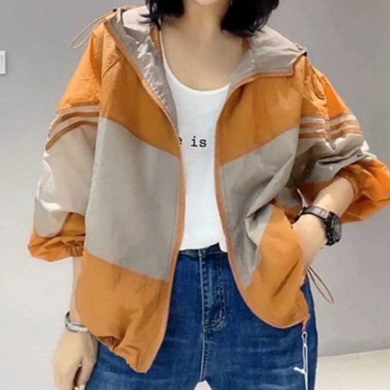 胖MM特大码300斤欧货拼色抽绳防晒衣连帽外套女夏季薄款开衫上衣