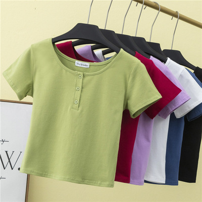 配牛仔开叉阔腿裤喇叭裤哈伦裤搭配的上衣卡腰小衫洋气露脐t恤女