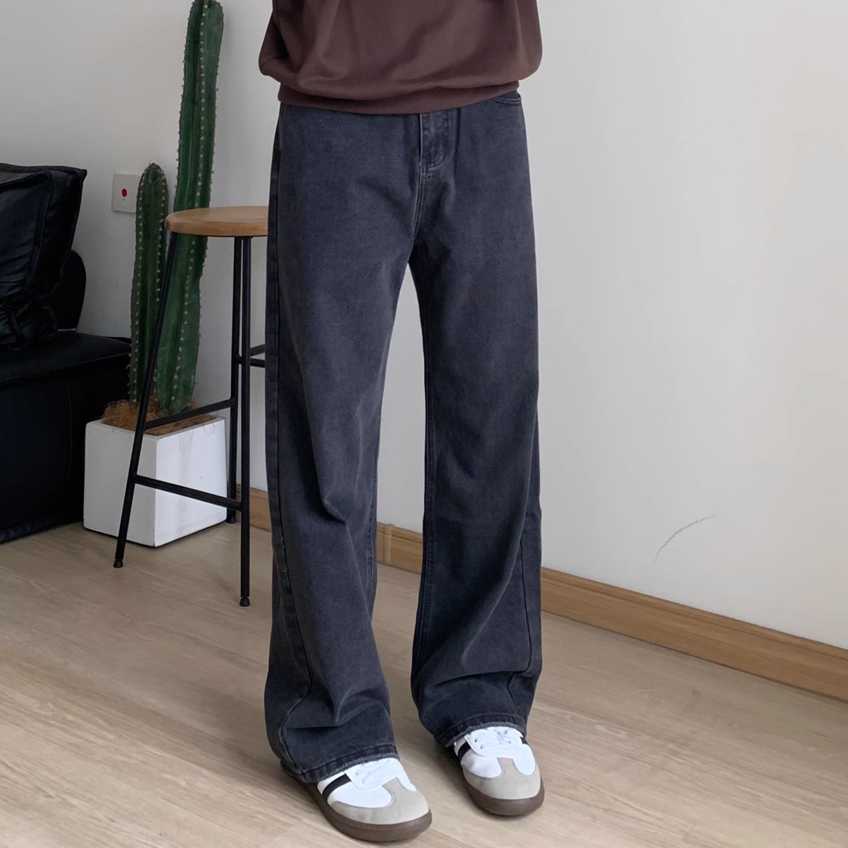 美式潮牌宽松直筒vintage灰黑色牛仔裤男复古水洗做旧ins休闲长裤
