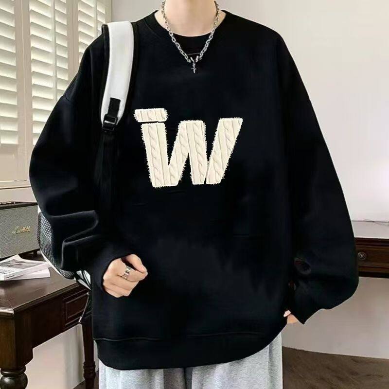 圆领卫衣男冬季美式高街潮牌大码宽松加绒慵懒风印花无帽长袖衣服