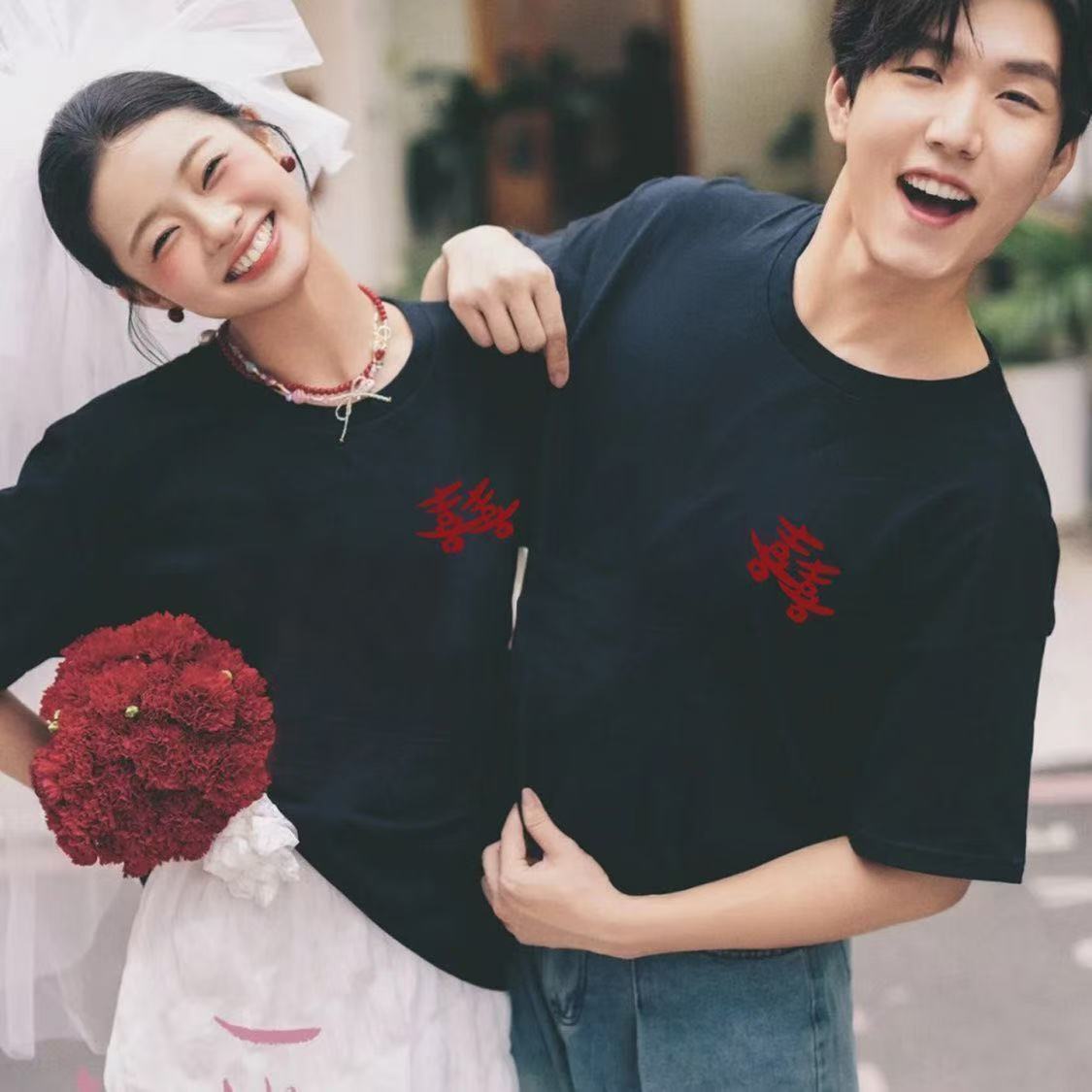 结婚登记照衣服爆款网红情侣装短袖t恤女夏季装2025新款高端上衣