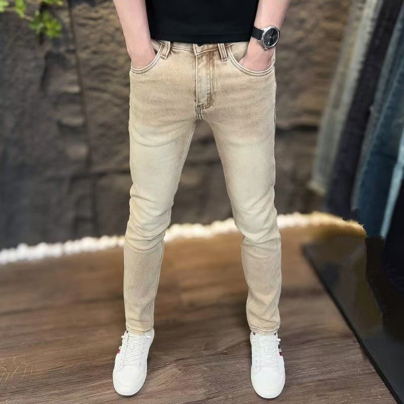 春夏款潮流男牛仔裤子修身百搭时尚休闲弹力卡其痞帅小直筒脚长裤