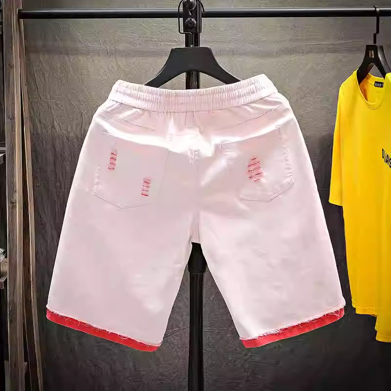 夏季新款松紧腰男士牛仔短裤港风宽松运动五分裤破洞休闲百搭中裤
