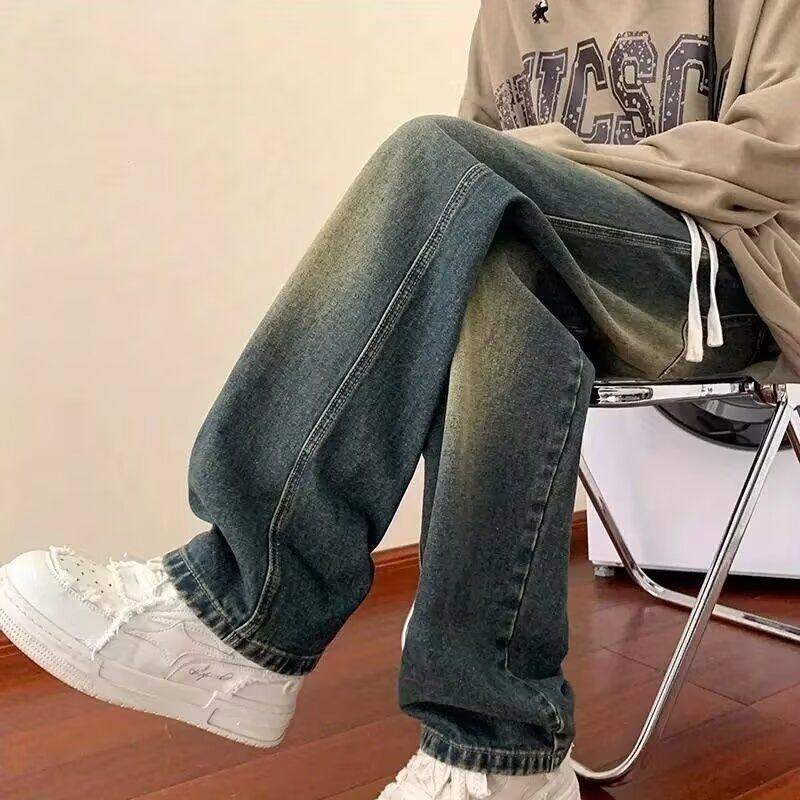 星空纹直筒牛仔裤男款春夏季美式复古蓝色松紧腰休闲宽松阔腿裤子