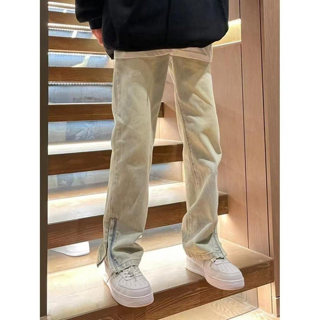 美式高街vibe风黑色排扣牛仔裤男春季潮牌宽松直筒堆积感微喇裤子