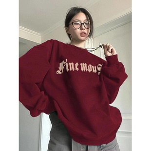 国潮多巴胺酒红色卫衣女大码胖mm秋季美式复古显白加厚外套上衣潮