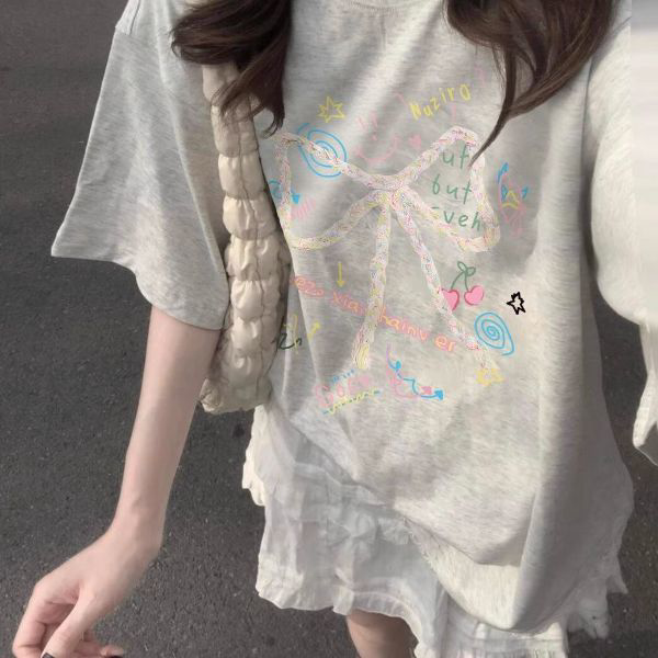 纯棉趣味蝴蝶结印花短袖t恤女oversize爆款甜美学生半袖上衣