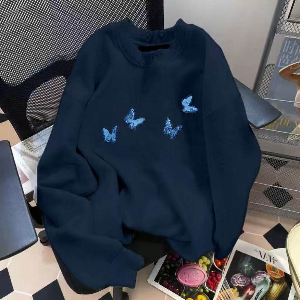 重磅藏青色圆领卫衣女2025新款秋冬加绒加厚无帽慵懒chic上衣