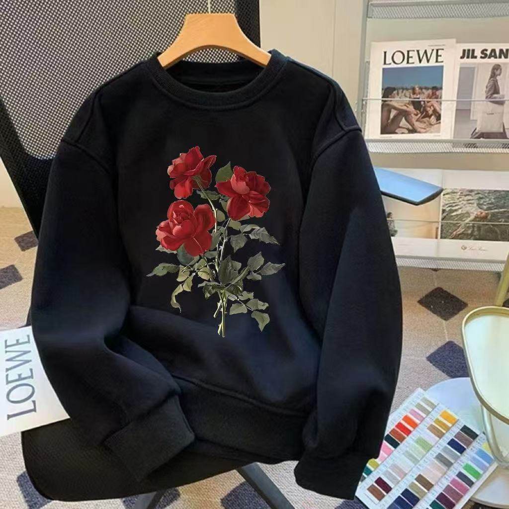 潮牌卫衣男秋冬潮流高级感玫瑰印花百搭长袖痞帅修身加绒轻奢上衣