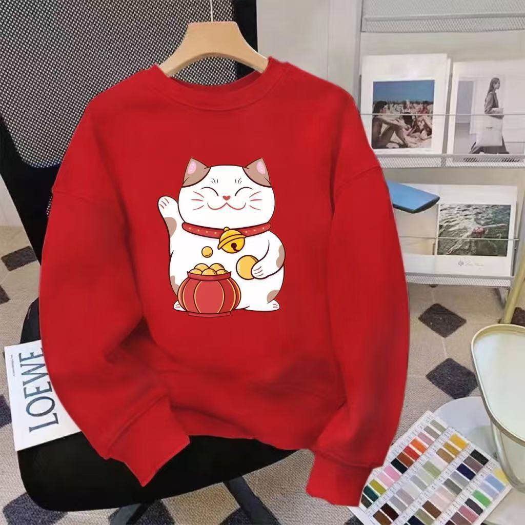新款红色招财猫圆领卫衣男女发财衣服招财潮牌休闲宽松套头上衣