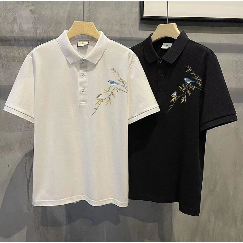 夏季新款简约休闲小众设计复古国潮印流男士短袖t翻领polo衫嘻哈