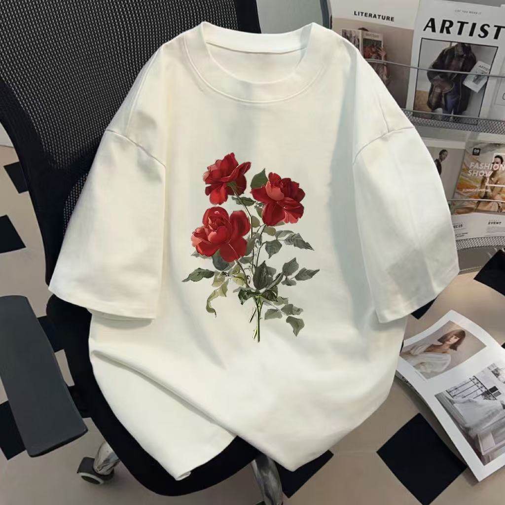 玫瑰印花短袖T恤男2025夏季简约百搭圆领短袖T恤休闲情侣装上衣服