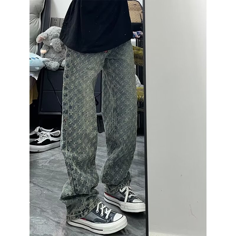 蓝色提花满印牛仔裤男夏季潮牌设计感小众直筒裤美式高街vibe裤子