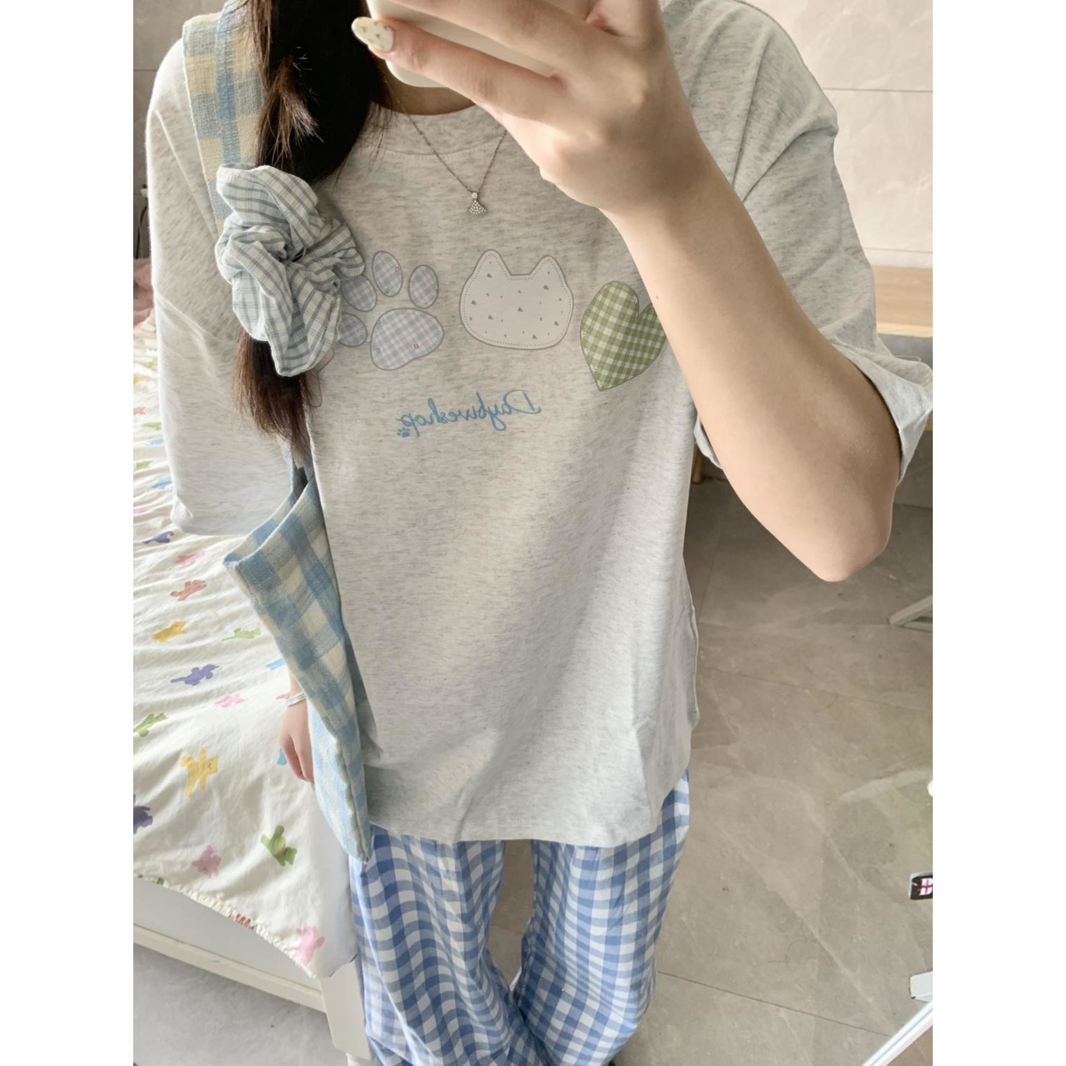 纯棉韩系甜美ins风灰色短袖t恤女夏季宽松百搭高级感上衣潮