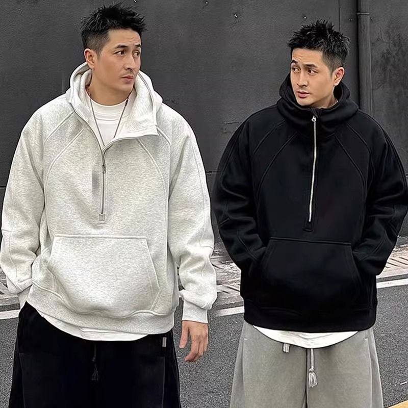 美式半拉链立领卫衣男款秋季小众解构外套春秋款男重磅硬挺连帽衫