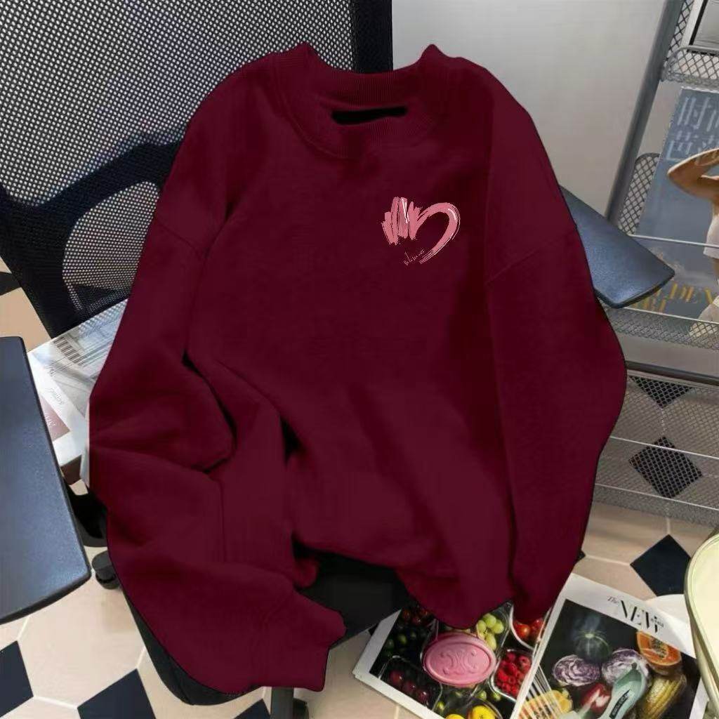 爱心卫衣秋冬高级感酒红色圆领外套冬季加绒加厚潮牌打底衫