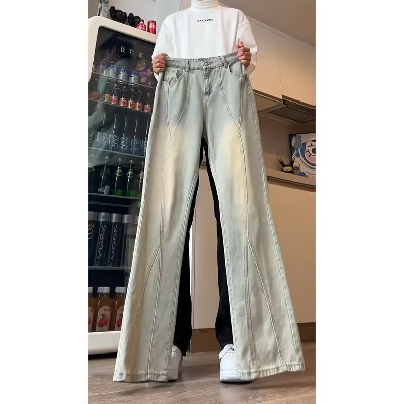 黄泥色牛仔裤男秋季潮牌拼接ootd穿搭裤子高街vibe美式微喇直筒裤
