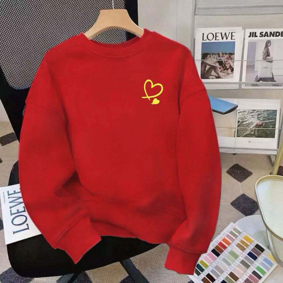 红色情侣装圆领卫衣2026秋冬加绒加厚宽松设计爱心印花外套上衣