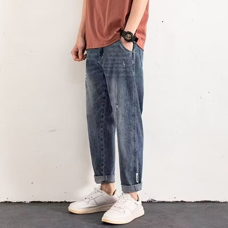 直筒宽松牛仔裤男款青少年新款弹力大码破洞薄款夏季百搭九分男裤