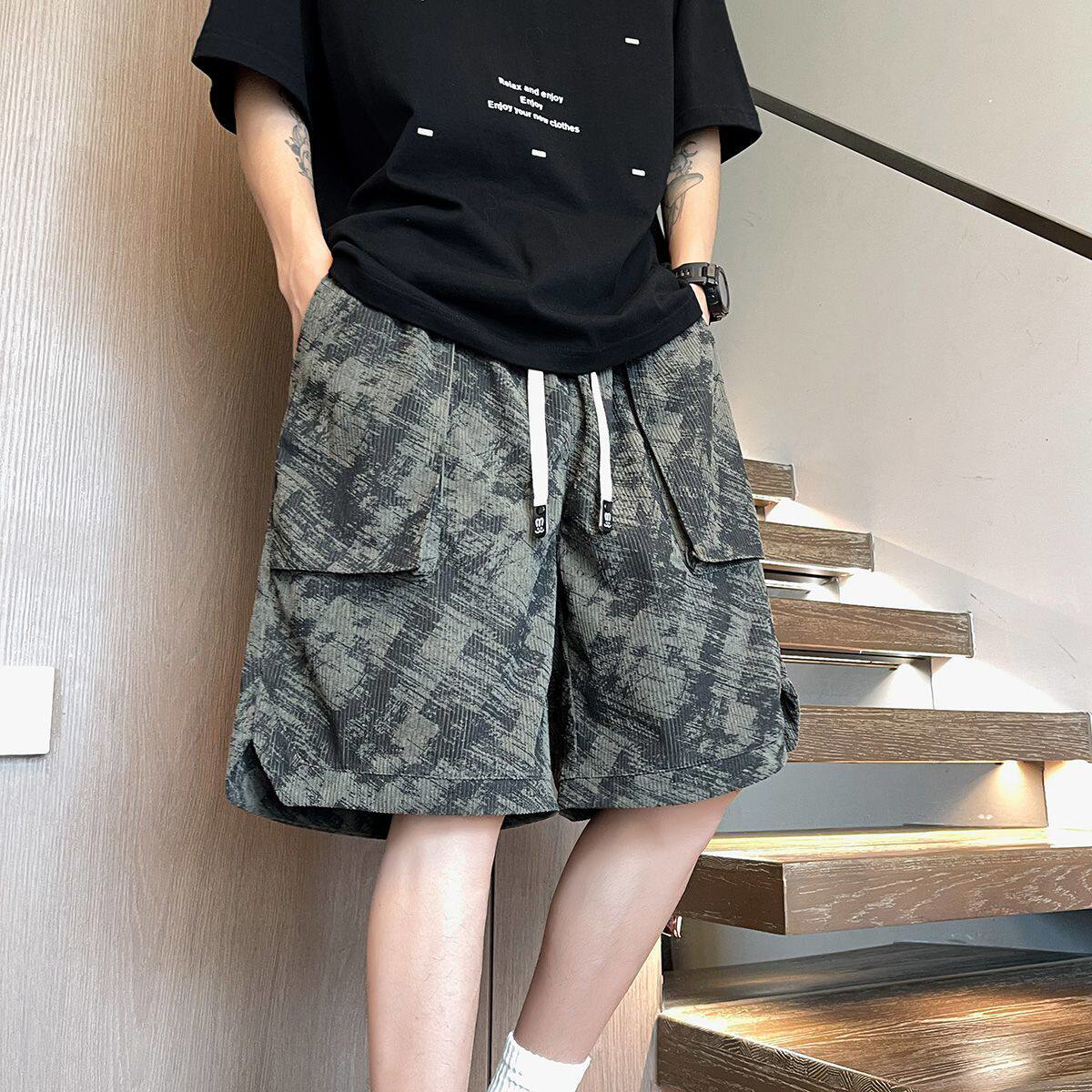 美式扎染宽松休闲短裤男大口袋运动中裤夏季开衩五分裤满印沙滩裤