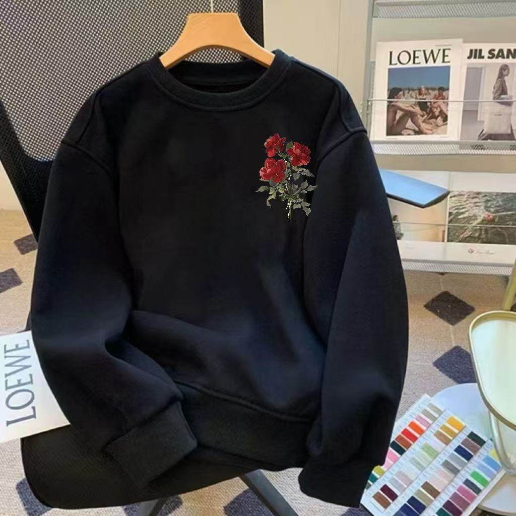 潮牌卫衣男秋冬潮流高级感玫瑰印花百搭长袖痞帅修身加绒轻奢上衣