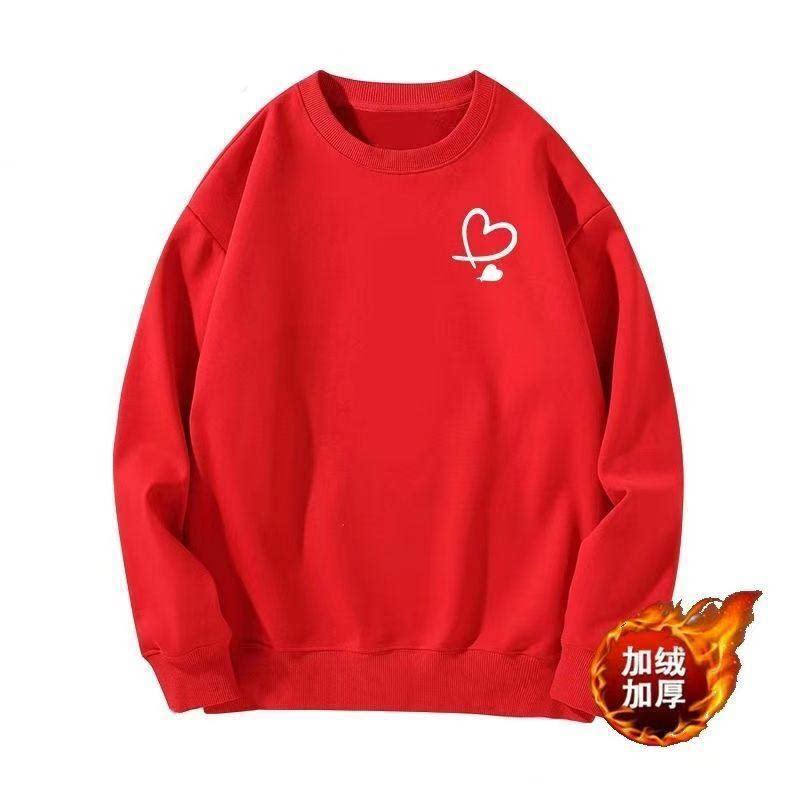红色情侣装圆领卫衣2026秋冬加绒加厚宽松设计爱心印花外套上衣