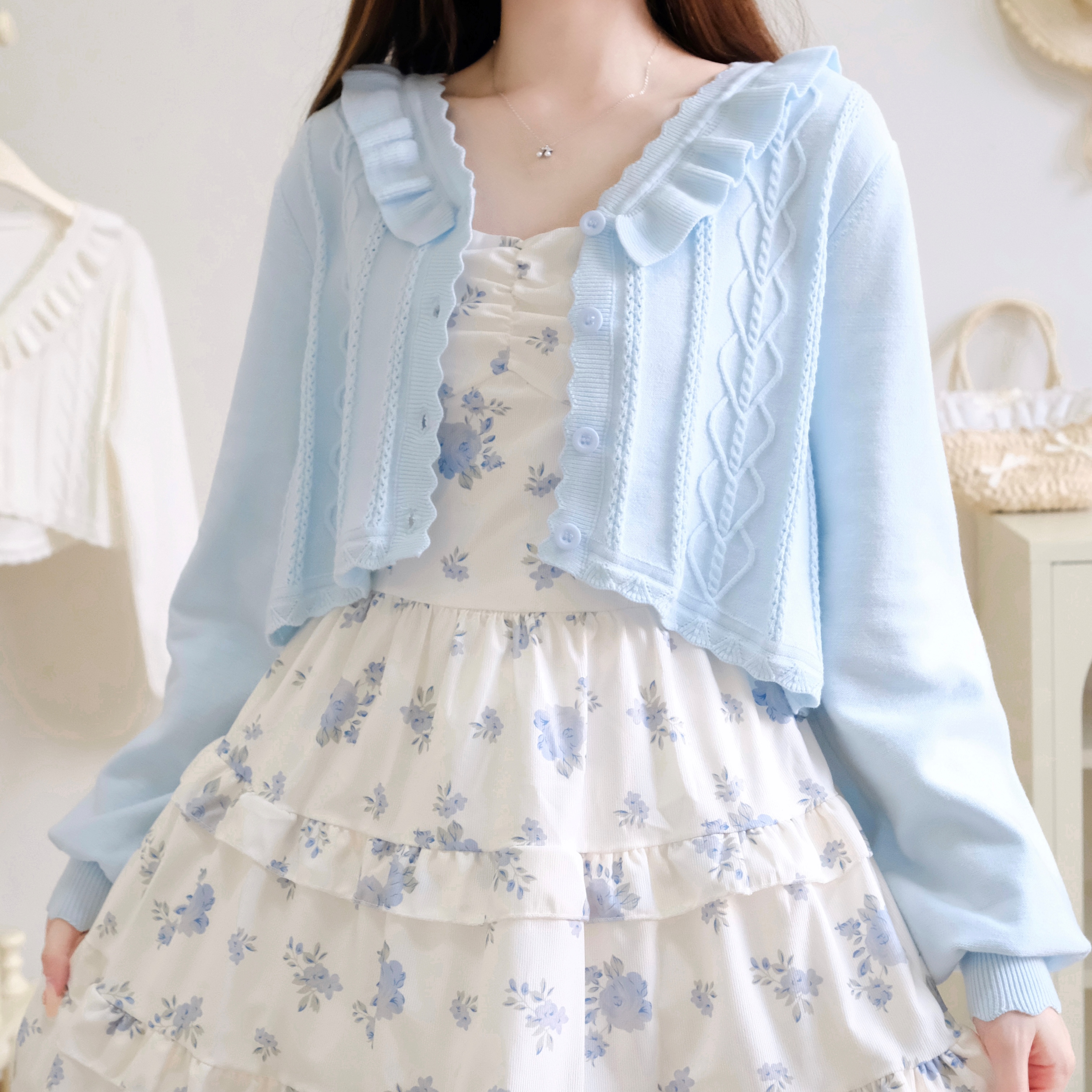 原创爱心麻花镂空花边开衫Lolita软妹萌妹春秋女短款毛衣针织外套