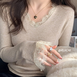 V领拼接2025秋季 显瘦针织衫 新款 通勤修身 上衣女 韩版 蕾丝打底衫