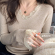 显瘦针织衫 蕾丝打底衫 上衣女 韩版 通勤修身 V领拼接2025秋季 新款