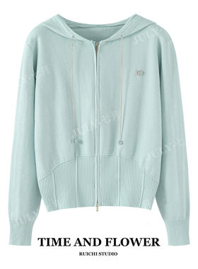 2025秋季新款韩系休闲风字母小标拉链连帽针织开衫慵懒松弛感上衣