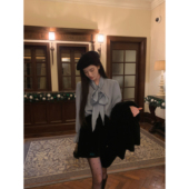 YIYIWANG 优雅内搭上衣女 法式 青野海盐 黑色描边气质蓝色系带衬衫