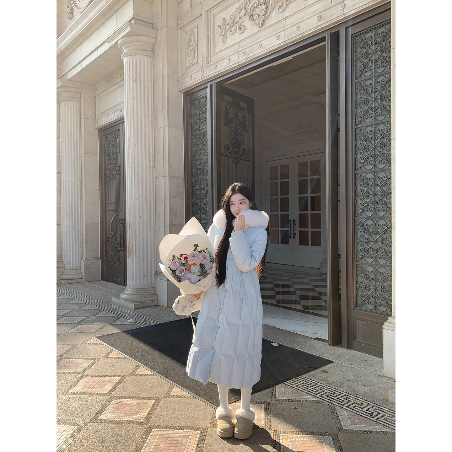 YIYIWANG 蓝莓奶泡 真狐狸毛领baby蓝羽绒服女收腰长款外套上衣