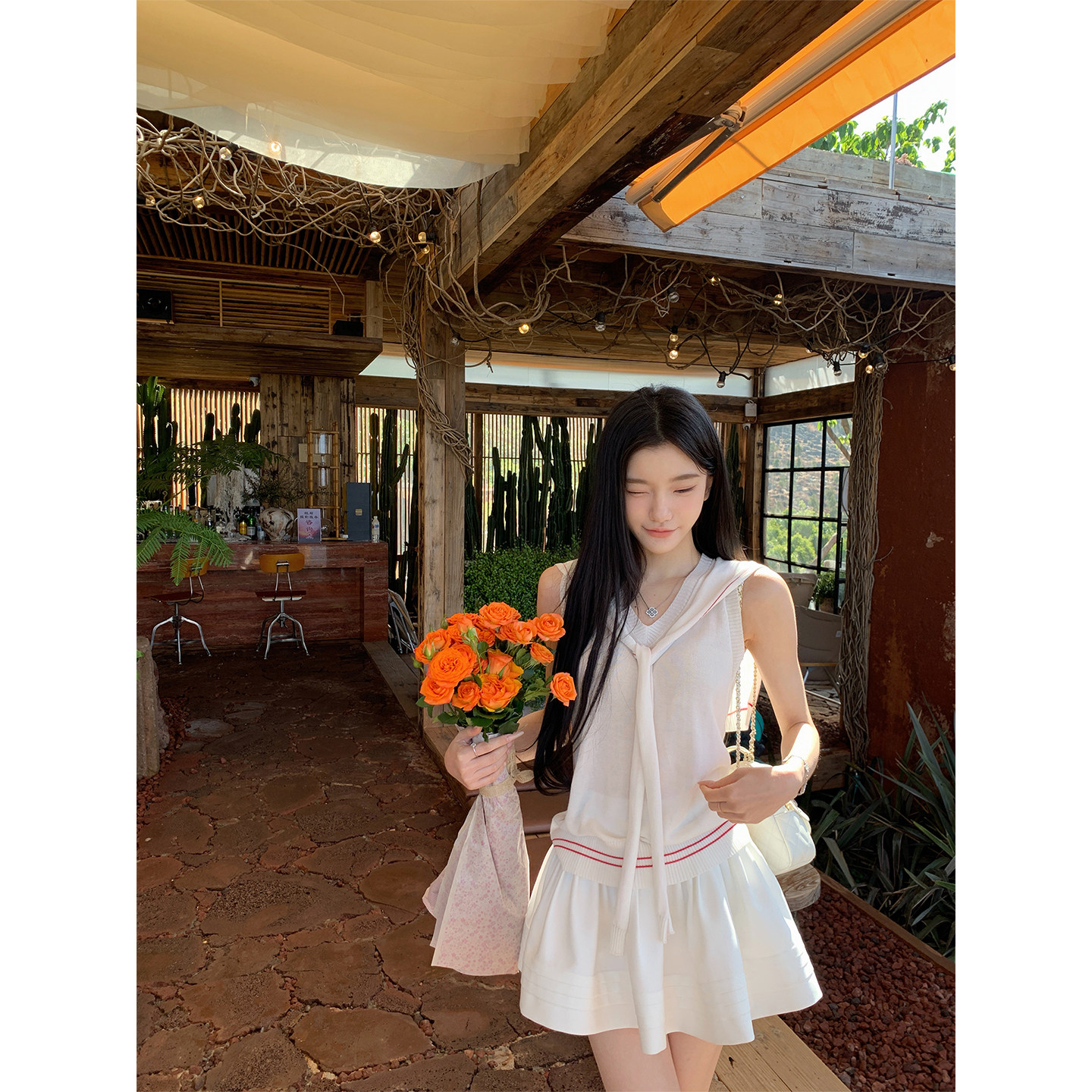YIYIWANG 航海女团 莱赛尔海军领无袖针织上衣套装高腰廓形半裙