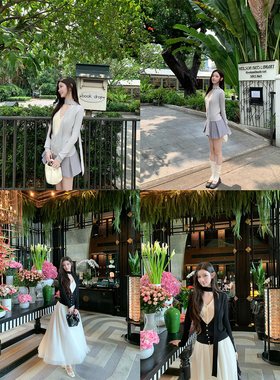 YIYI WANG 3.13伊顿公学 2色拼接假两件绵羊毛开衫飘带灰色百褶裙