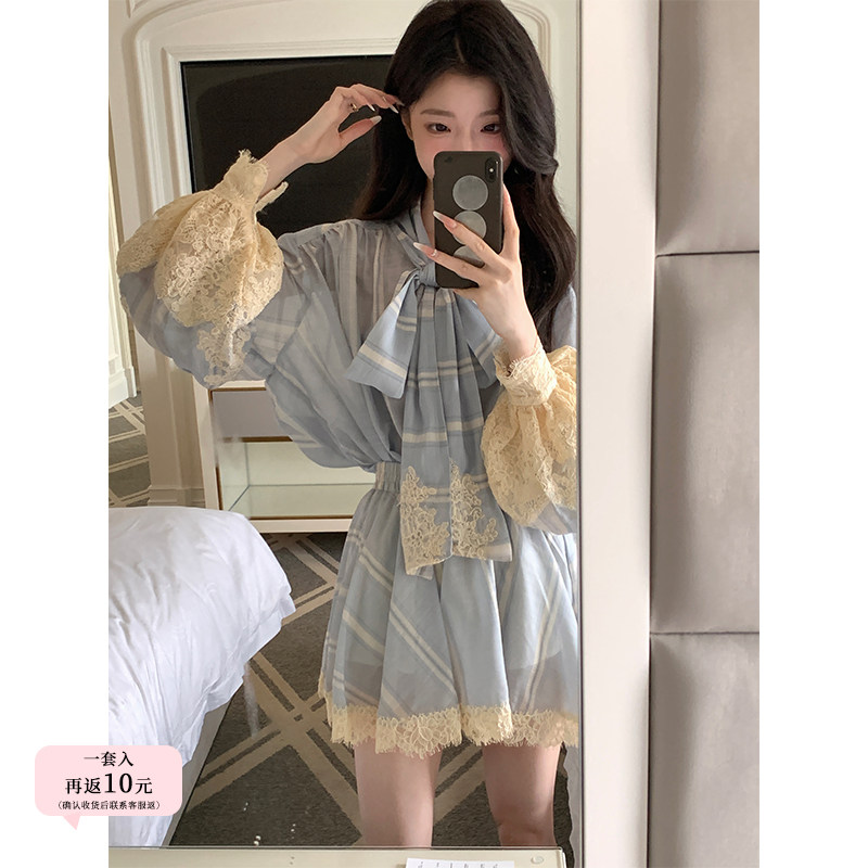 YIYIWANG 地中海的风 海盐条纹蕾丝衬衫短裙套装复古显瘦两件套,女装/女士精品,时尚套装,淘宝优惠券,粉丝福利购,淘宝优惠卷