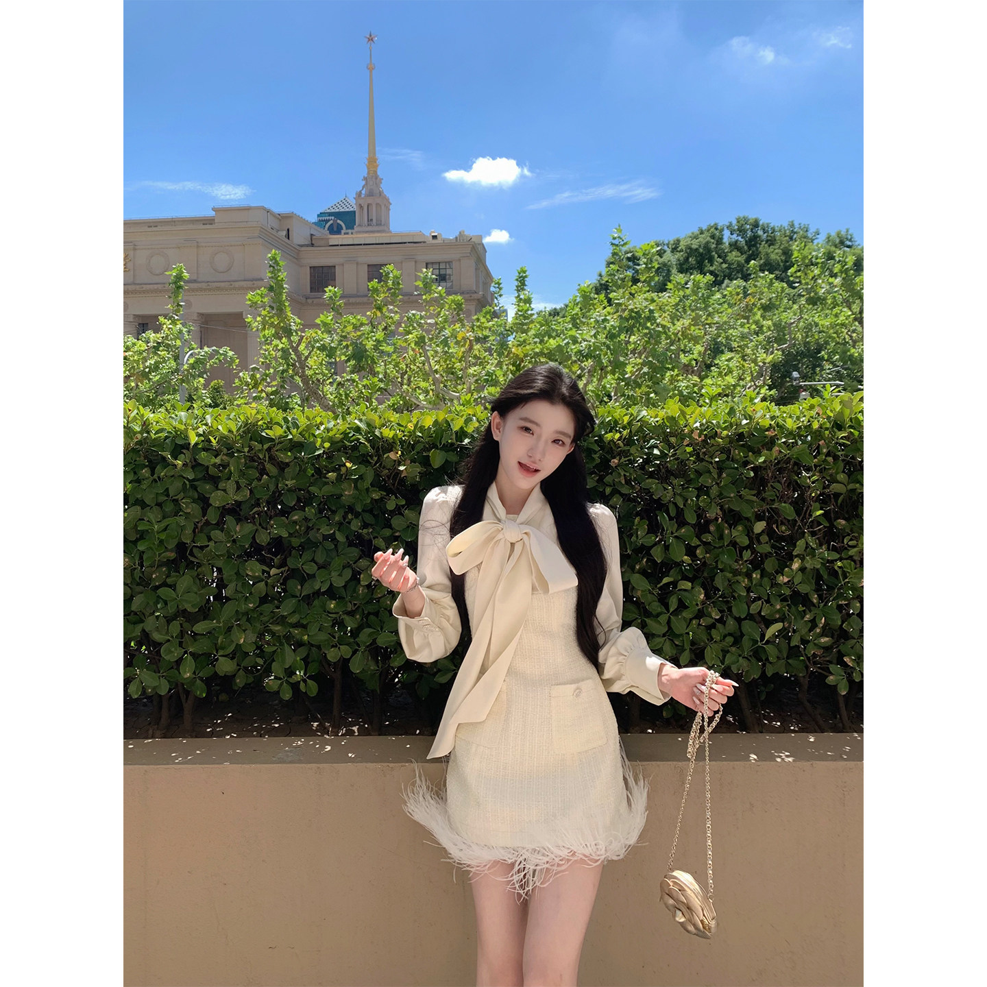 YIYIWANG 银杏告白 千金风可拆卸裙摆假两件小香连衣裙女收腰短裙
