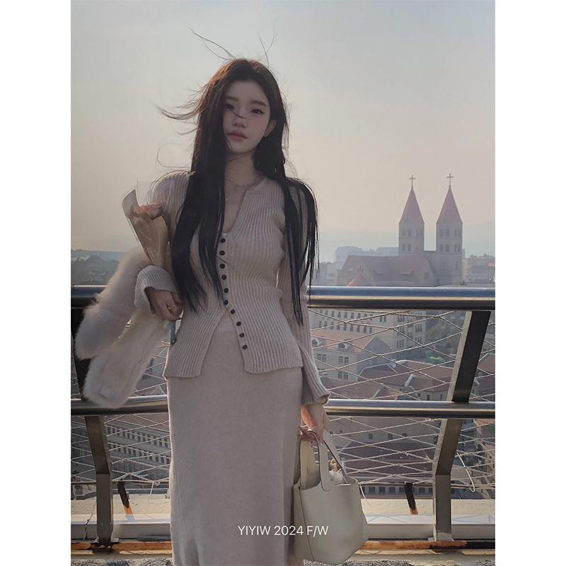 巨显瘦单排扣坑条开衫半裙内搭