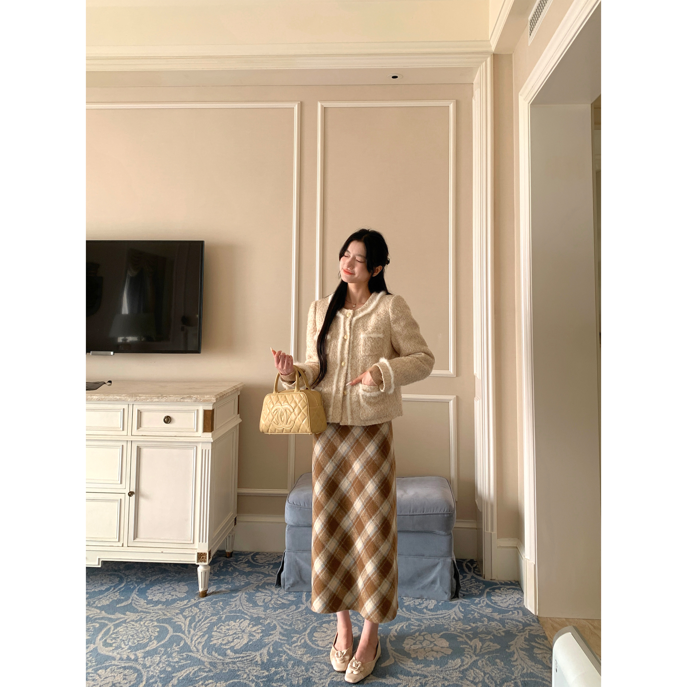 YIYIWANG温柔曲奇格纹毛呢半裙