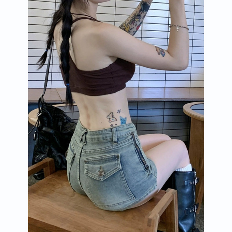 侧拉链高腰复古牛仔短裤女夏季薄款设计小众辣妹紧身包臀阔腿热裤