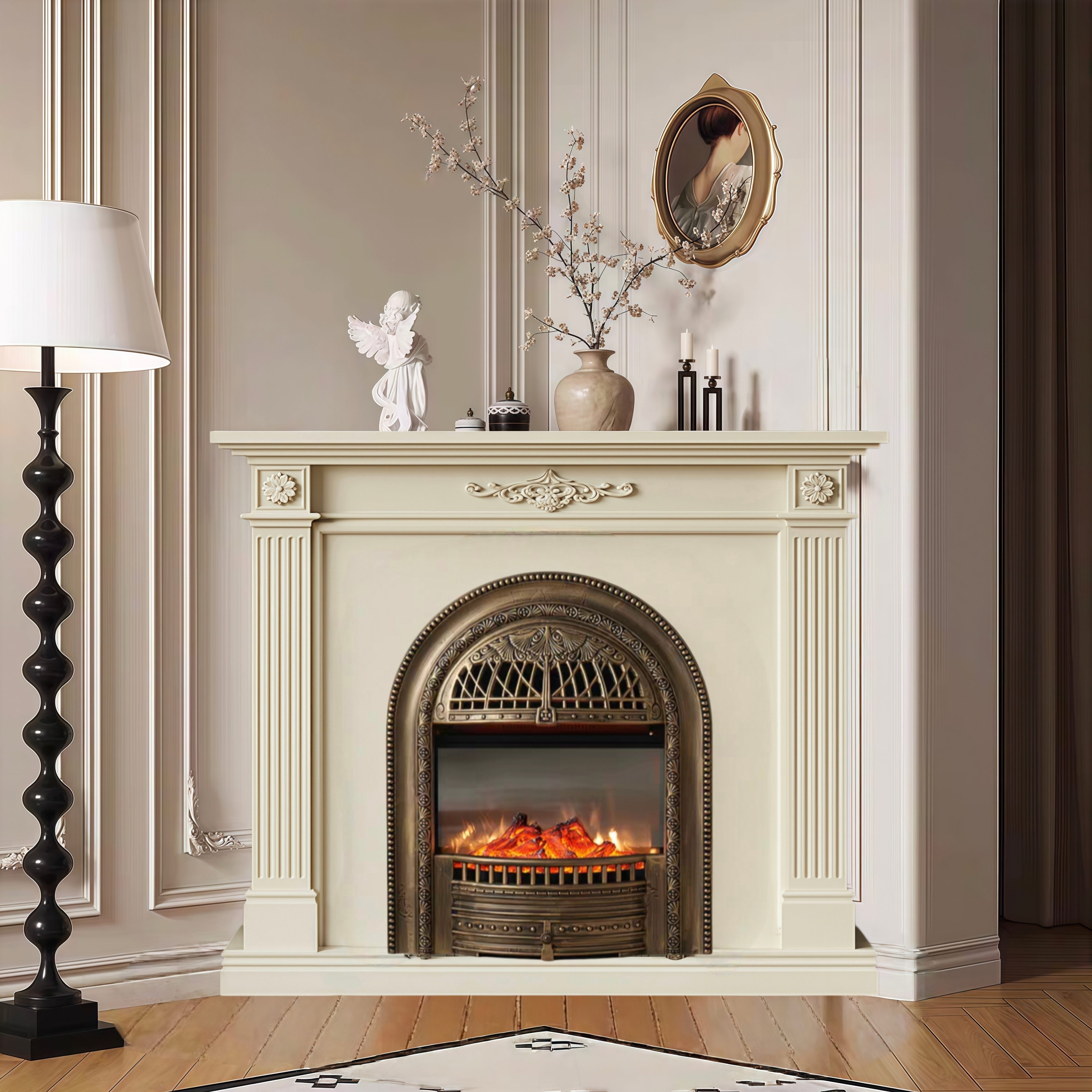 法式实木三角壁炉柜客厅转角壁炉装饰柜美式拐角仿真火璧炉柜定制